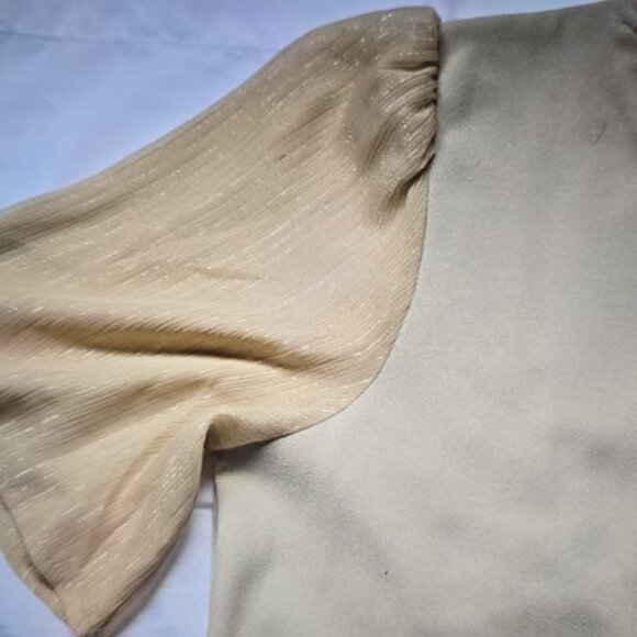 Ann Taylor Beige Contrast Silky Sleeve Knit Top – Elegant Textured Short Sleeve - Picture 3 of 5